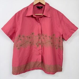 Vintage Y2K LL Bean Tropical Floral Hawaiian Shirt Womens Large Coral Pink